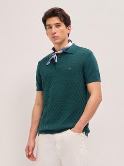 The Bear House - Men's Green Slim Fit Cotton Textured Polo T-Shirt