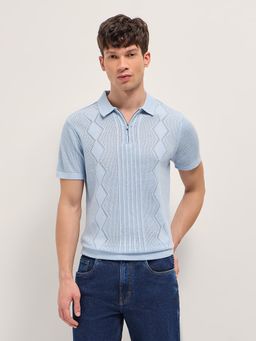 The Bear House - Men's Blue Regular Fit Cotton Textured Polo T-Shirt