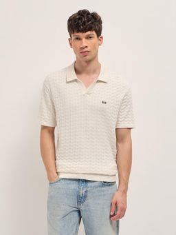 The Bear House - Men's White Relaxed Fit Cotton Textured Polo T-Shirt