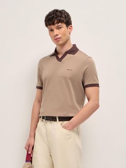 The Bear House - Men's Beige Regular Fit Cotton Solid Polo T-Shirt