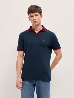 The Bear House - Men's Navy Blue Regular Fit Cotton Solid Polo T-Shirt