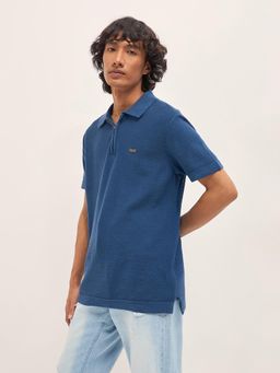 The Bear House - Men's Blue Slim Fit Cotton Textured Polo T-Shirt