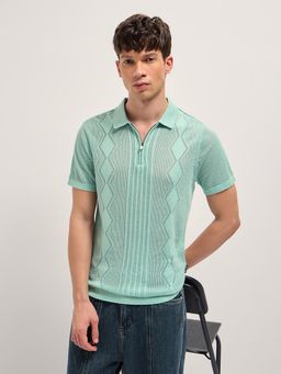 The Bear House - Men's Green Regular Fit Textured Polo T-Shirt