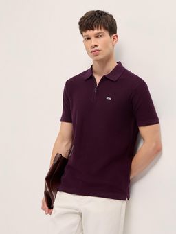 The Bear House - Men's Purple Slim Fit Cotton Textured Polo T-Shirt