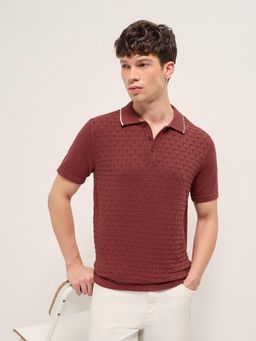 The Bear House - Men's Red Regular Fit Cotton Textured Polo T-Shirt