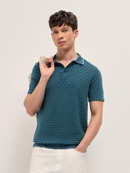 The Bear House - Men's Teal Regular Fit Cotton Textured Polo T-Shirt