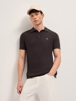 The Bear House - Men's Brown Slim Fit Cotton Textured Polo T-Shirt