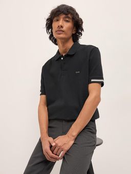 The Bear House - Men's Black Slim Fit Cotton Textured Polo T-Shirt