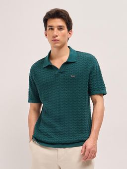 The Bear House - Men's Green Relaxed Fit Cotton Textured Polo T-Shirt