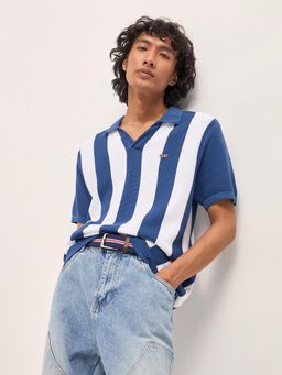 The Bear House - Men's Blue Regular Fit Cotton Stripes Polo T-Shirt