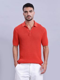 Tommy Hilfiger - Orange Textured Relaxed Fit Cotton Polo T-Shirt