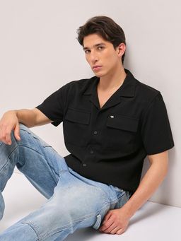 The Bear House - Men's Black Relaxed Fit Textured Shirt