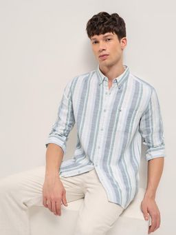 The Bear House - Men's Blue Slim Fit Cotton Stripes Shirt