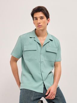 The Bear House - Men's Green Relaxed Fit Textured Shirt