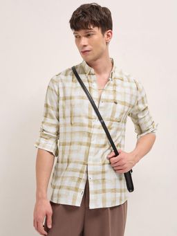 The Bear House - Men's Mustard Slim Fit Cotton Checkered Shirt
