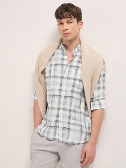 The Bear House - Men's Grey Slim Fit Cotton Checkered Shirt