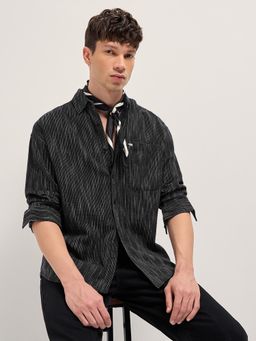 The Bear House - Men's Black Relaxed Fit Cotton Stripes Shirt