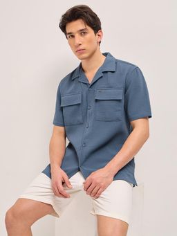 The Bear House - Men's Blue Relaxed Fit Textured Shirt