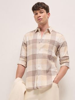 The Bear House - Men's Beige Slim Fit Cotton Checkered Shirt