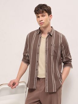 The Bear House - Men's Brown Slim Fit Cotton Stripes Shirt