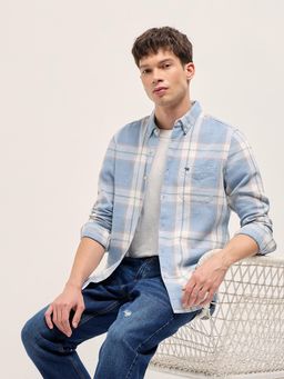 The Bear House - Men's Blue Slim Fit Cotton Checkered Shirt