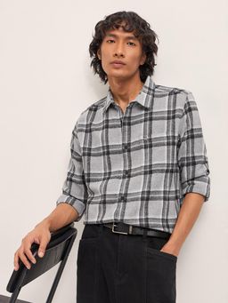 The Bear House - Men's Grey Checks Cotton Slim Fit Flannel Shirt