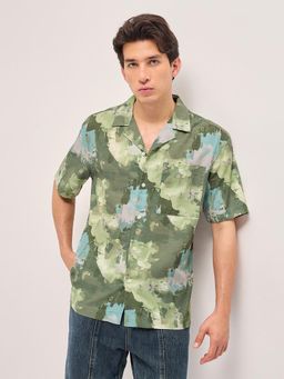 The Bear House - Men's Green Oversized Fit Printed Shirt