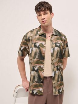 The Bear House - Men's Green Relaxed Fit Printed Shirt
