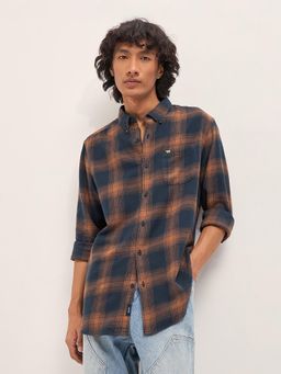 The Bear House - Men's Navy Blue Checks Cotton Slim Fit Flannel Shirt