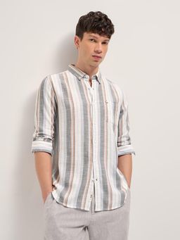 The Bear House - Men's Brown Slim Fit Cotton Stripes Shirt