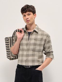 The Bear House - Men's Beige Checks Cotton Relaxed Fit Flannel Shirt
