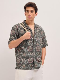 The Bear House - Men's Grey Oversized Fit Floral Shirt