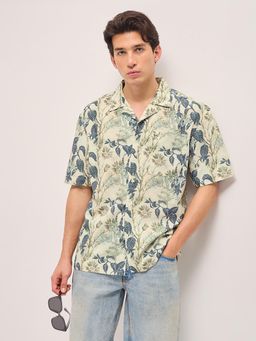 The Bear House - Men's Beige Oversized Fit Floral Shirt