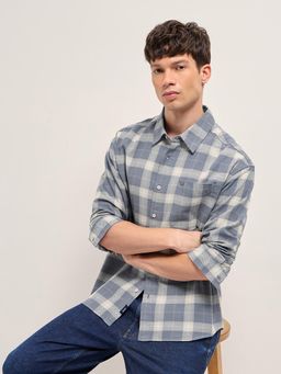 The Bear House - Men's Grey Relaxed Fit Cotton Checkered Shirt