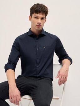 The Bear House - Men's Navy Blue Tailored Fit Cotton Solid Shirt