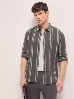 The Bear House - Men's Grey Slim Fit Cotton Stripes Shirt