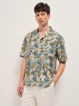 The Bear House - Men's Beige Oversized Fit Floral Shirt