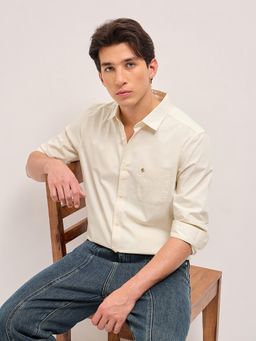 The Bear House - Men's Cream Slim Fit Cotton Solid Shirt