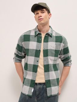 The Bear House - Men's Green Checks Cotton Relaxed Fit Flannel Shirt