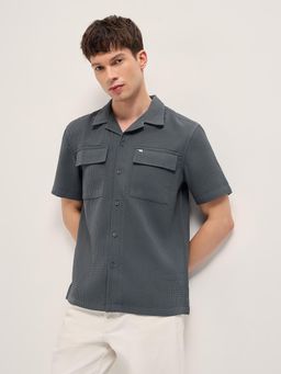 The Bear House - Men's Grey Relaxed Fit Textured Shirt