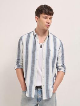 The Bear House - Men's Blue Slim Fit Cotton Stripes Shirt