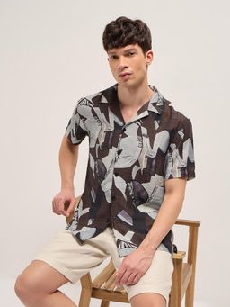 The Bear House - Men's Brown Relaxed Fit Printed Shirt
