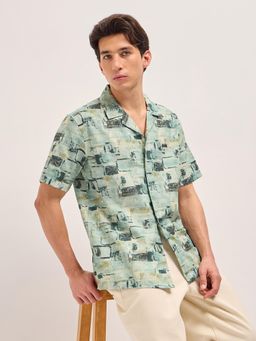 The Bear House - Men's Green Relaxed Fit Printed Shirt