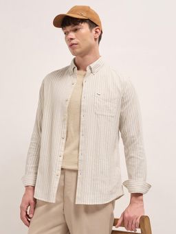 The Bear House - Men's Beige Slim Fit Cotton Stripes Shirt
