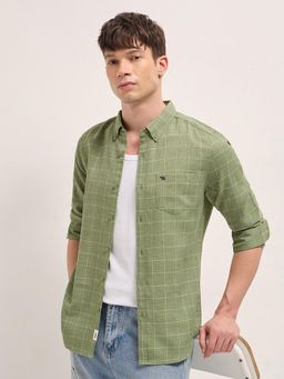 The Bear House - Men's Green Slim Fit Checkered Shirt