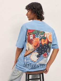 The Bear House - Men's Blue Cotton Graphic Oversize T-Shirt