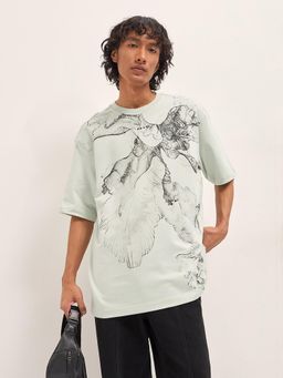 The Bear House - Men's Green Cotton Printed Oversize T-Shirt