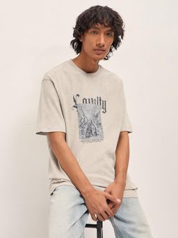 The Bear House - Men's Grey Cotton Typography Oversize T-Shirt