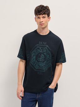 The Bear House - Men's Navy Blue Cotton Graphic Oversize T-Shirt