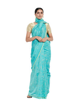 Fabindia - Cotton Silk Block Printed Sari- Turquoise